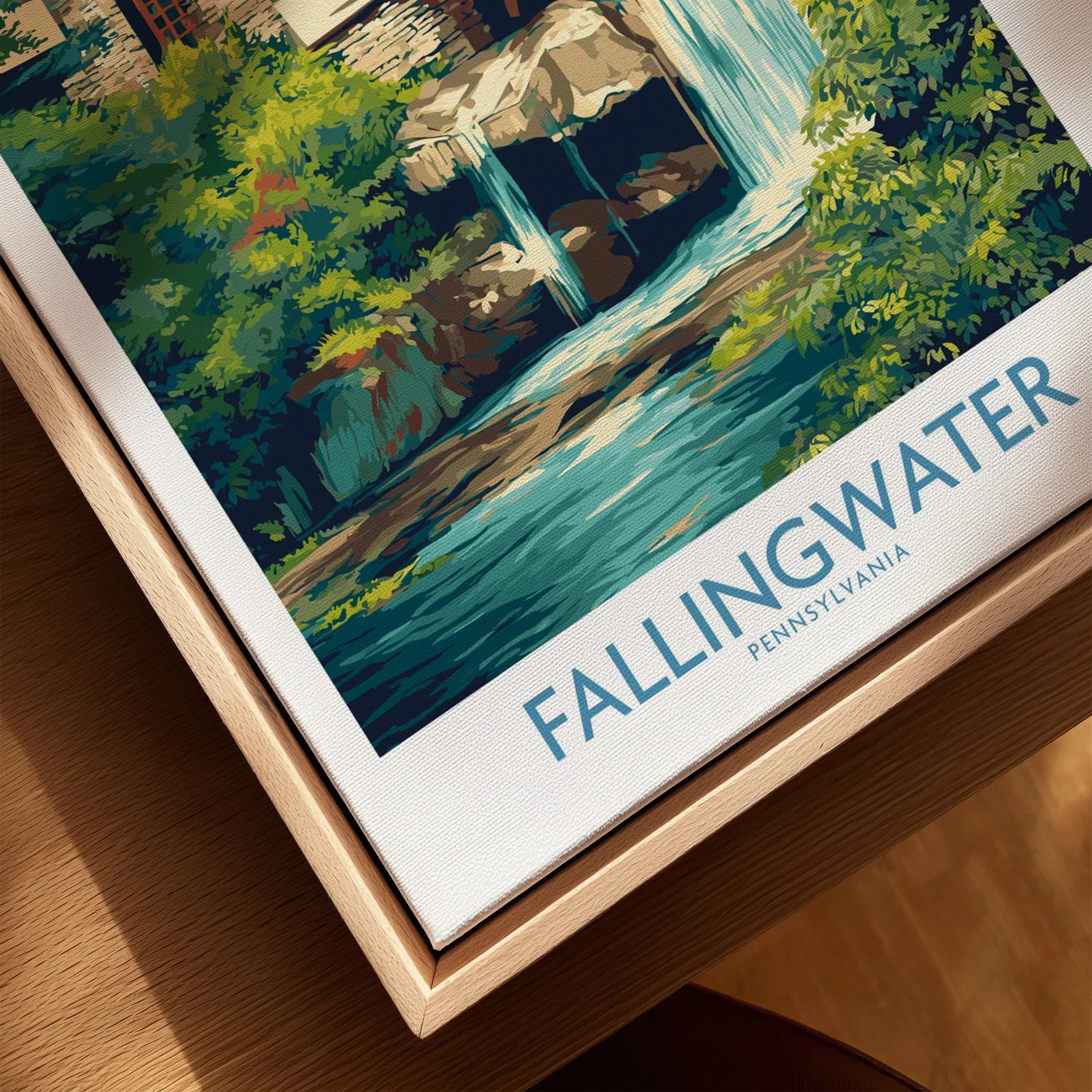 Fallingwater Pennsylvania travel poster art print with waterfall and forest, ideal for home decor