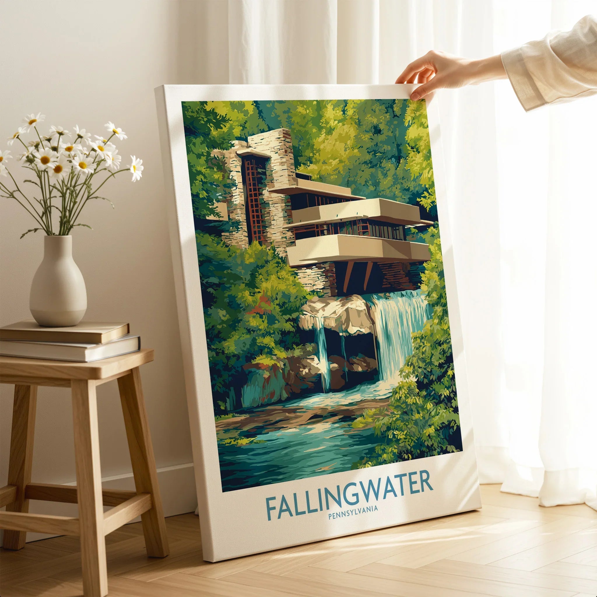 Fallingwater Pennsylvania travel poster with modern architecture and waterfall, perfect for home decor