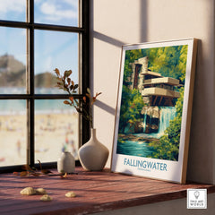 Framed Fallingwater Pennsylvania travel poster art print on windowsill with beach view, modern home decor