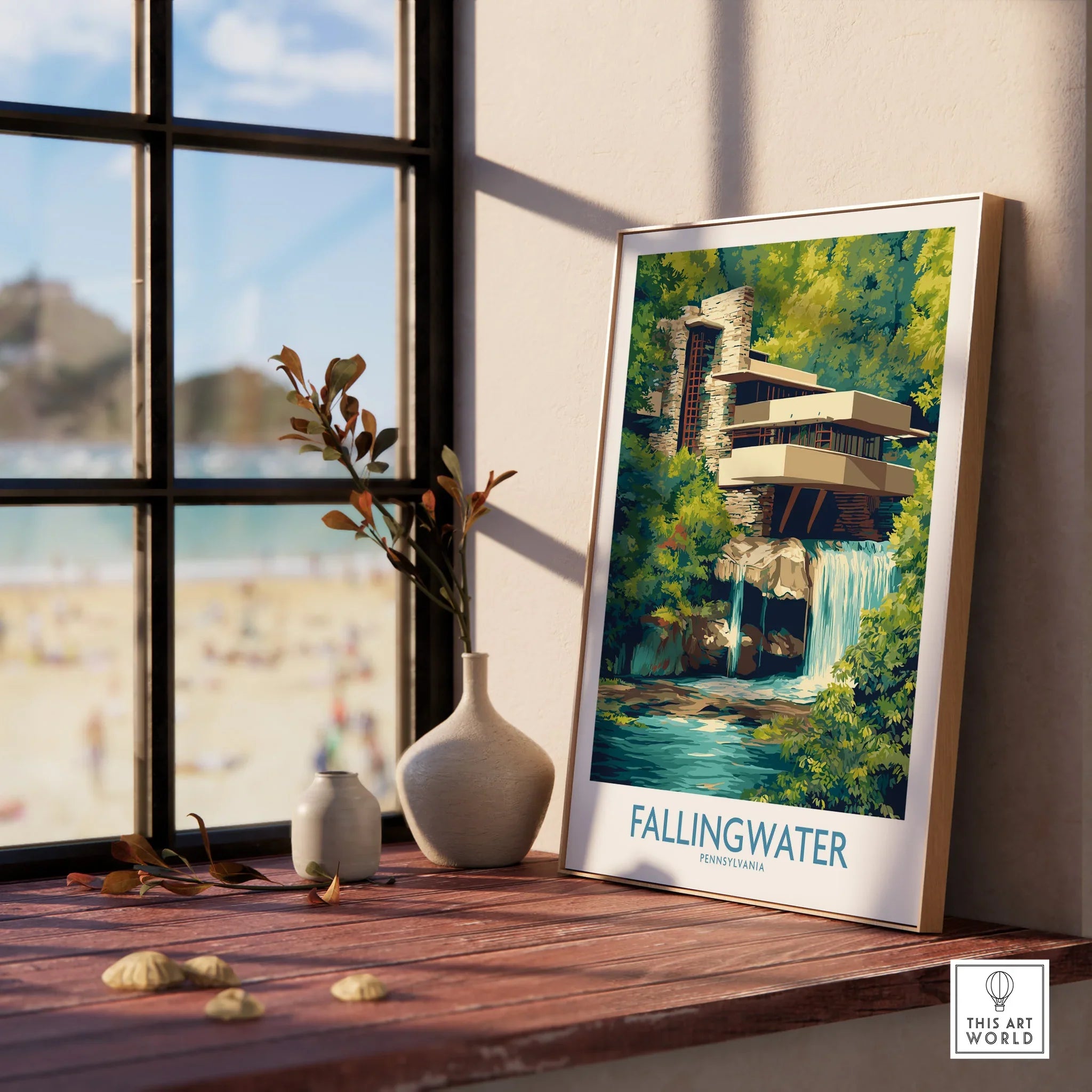 Framed Fallingwater Pennsylvania travel poster art print on windowsill with beach view, modern home decor