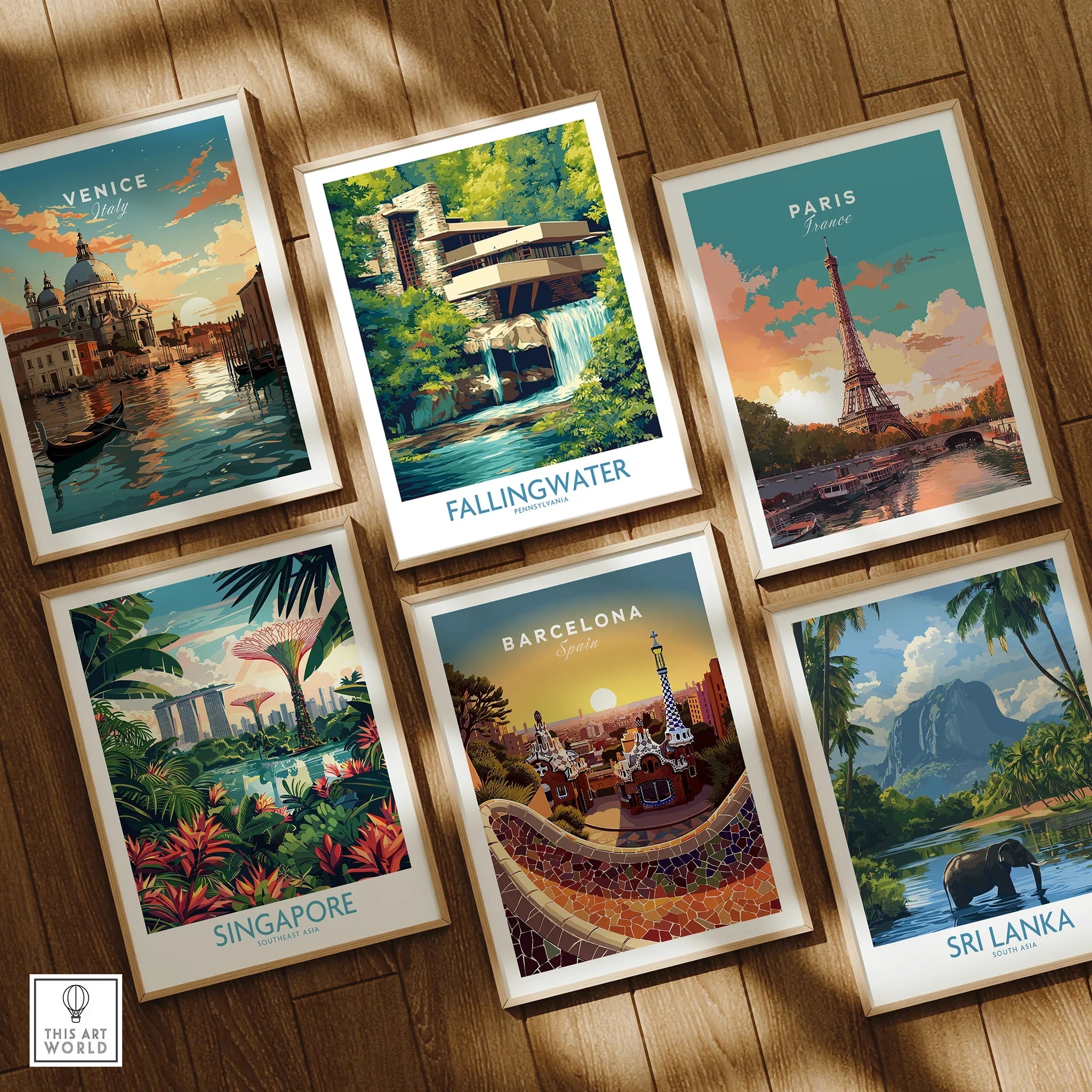 Framed travel posters of Venice, Paris, Fallingwater, Singapore, Barcelona, and Sri Lanka for wall art decor
