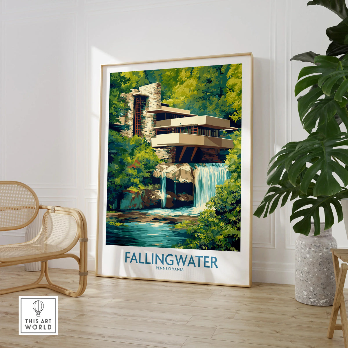 Fallingwater Pennsylvania travel poster with lush greenery and waterfall, perfect for home decor