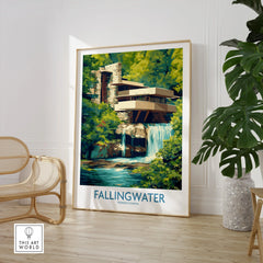 Fallingwater Pennsylvania travel poster with lush greenery and waterfall, perfect for home decor