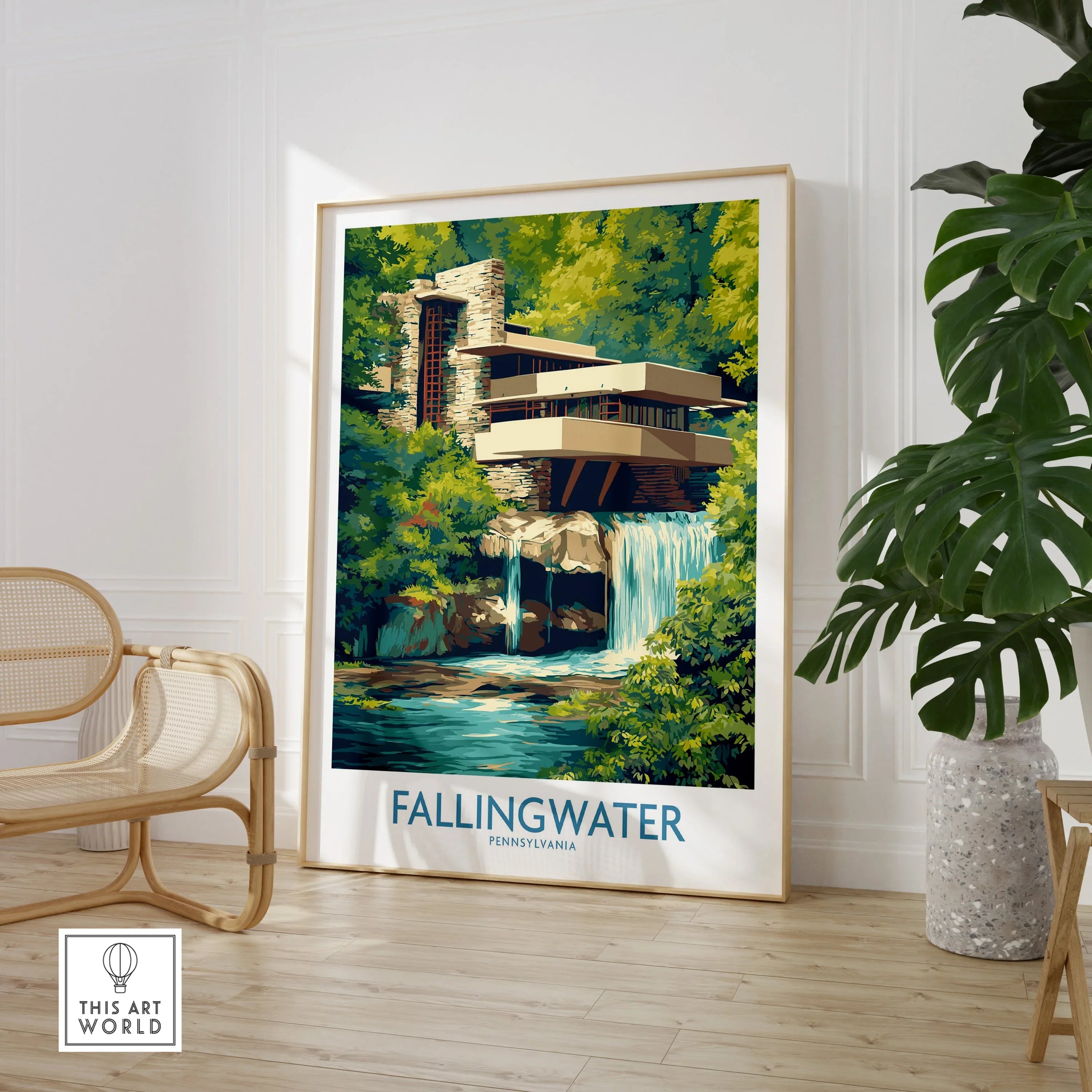 Fallingwater Pennsylvania travel poster with lush greenery and waterfall, perfect for home decor