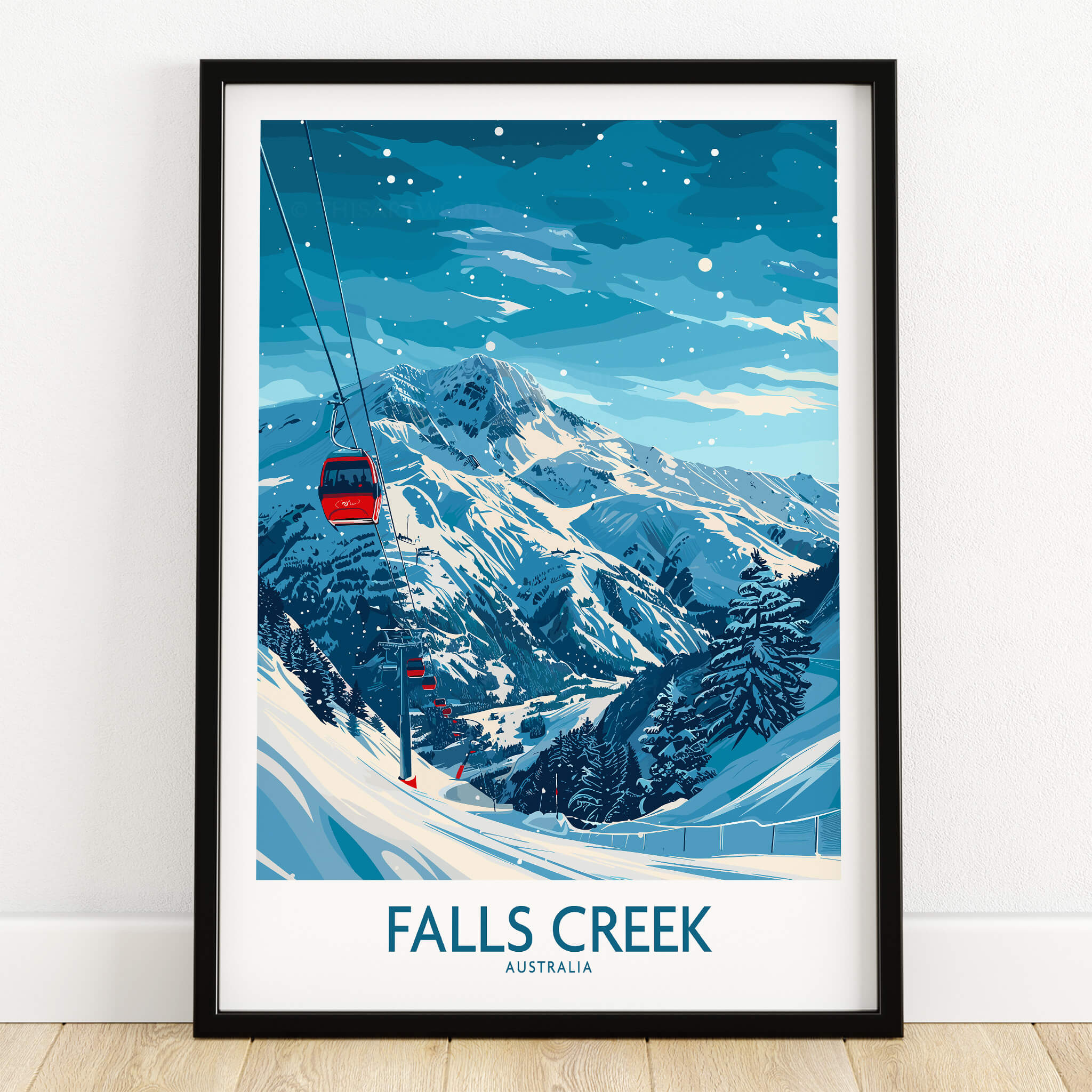 Falls Creek Ski Print -  Australia framed wall art featuring a snowy mountain and ski lift.