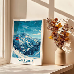 Falls Creek Ski Print - Australia showcasing snowy mountains and gondola in a cozy setting.