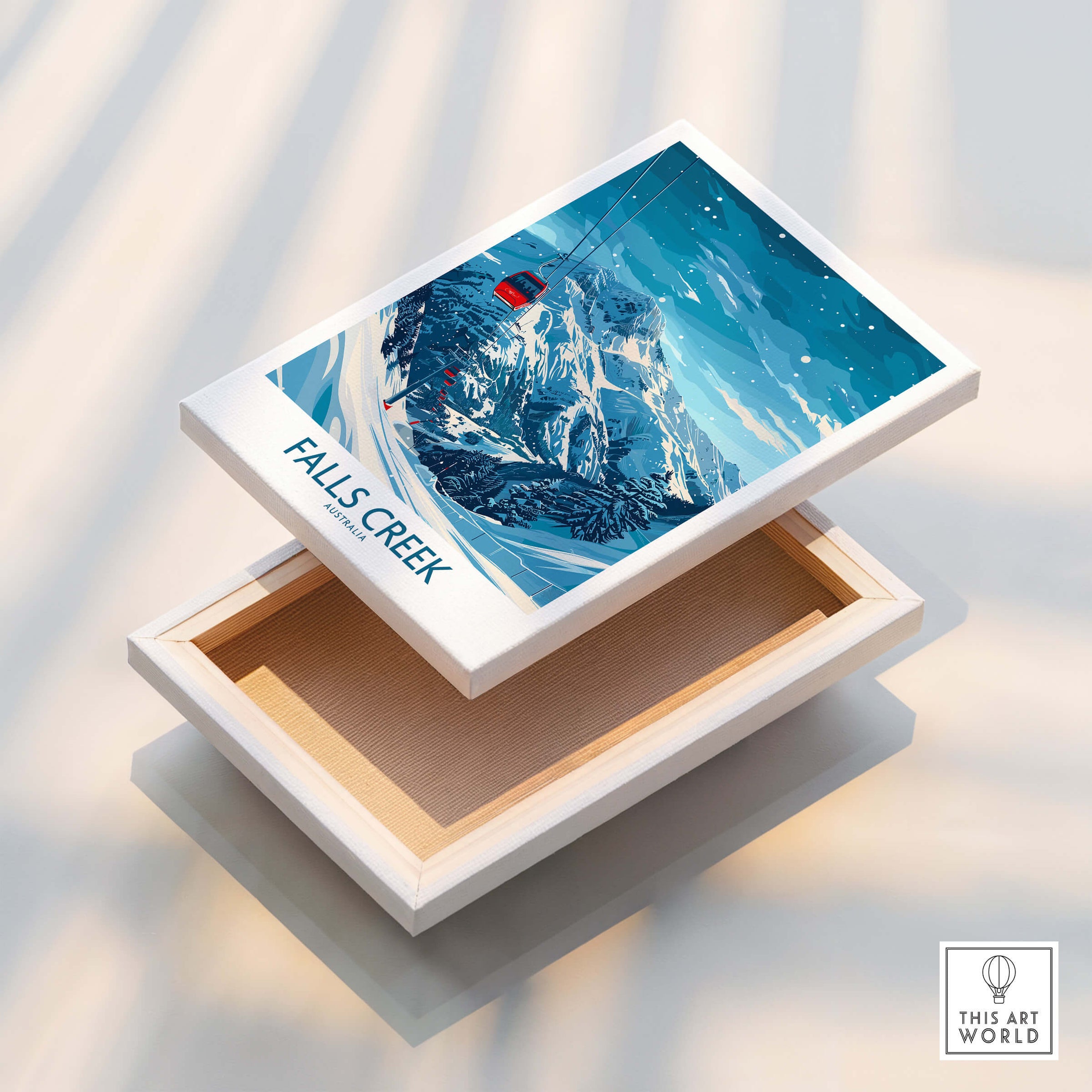 Falls Creek Ski Print - Australia showcased on a wooden box, depicting snowy mountains and a ski lift.