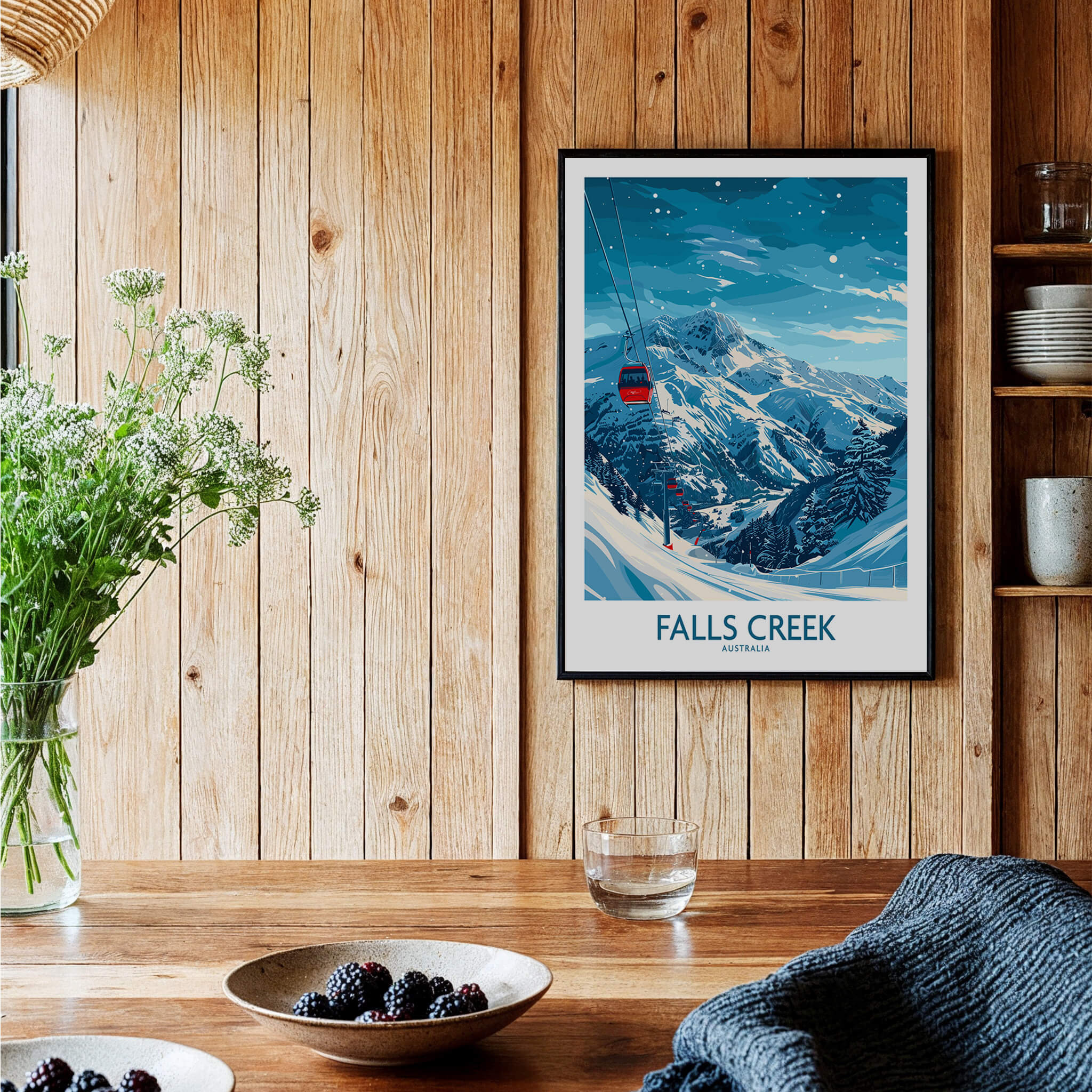 Falls Creek Ski Print - Australia displayed in a cozy interior with wooden walls and a dining table.