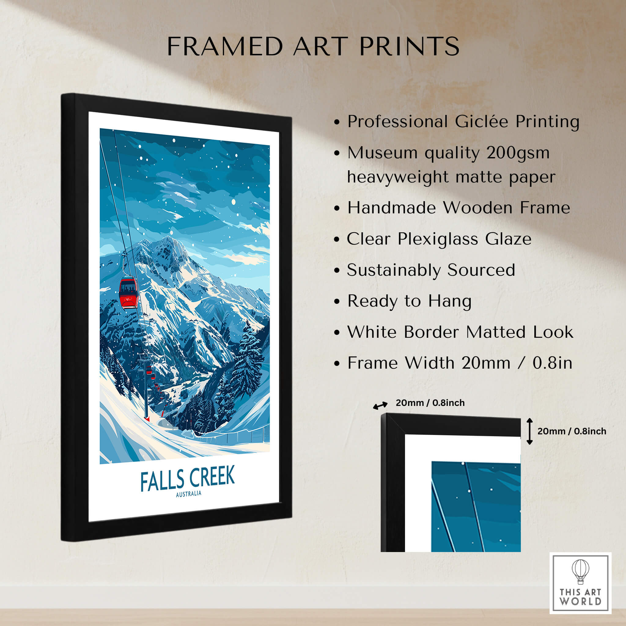 Falls Creek Ski Print - Australia framed art print featuring snow-capped mountains and a ski gondola.