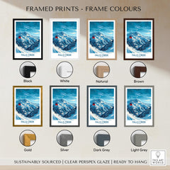 Framed prints displaying Falls Creek Ski Print - Australia in various frame colors including black, white, natural, and brown.