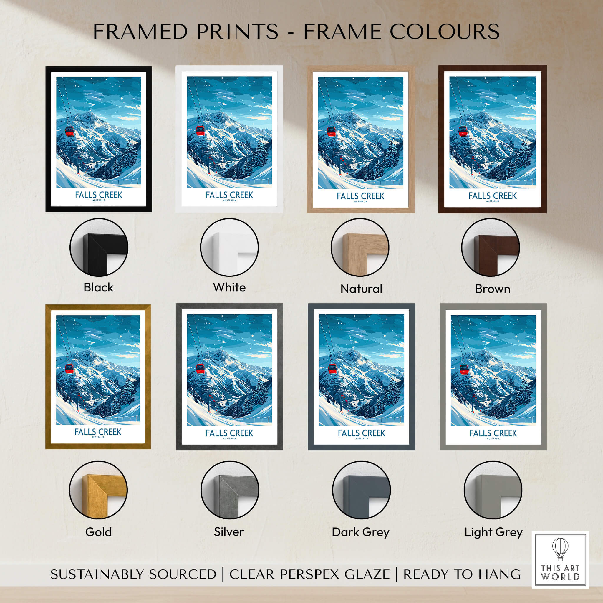 Framed prints displaying Falls Creek Ski Print - Australia in various frame colors including black, white, natural, and brown.