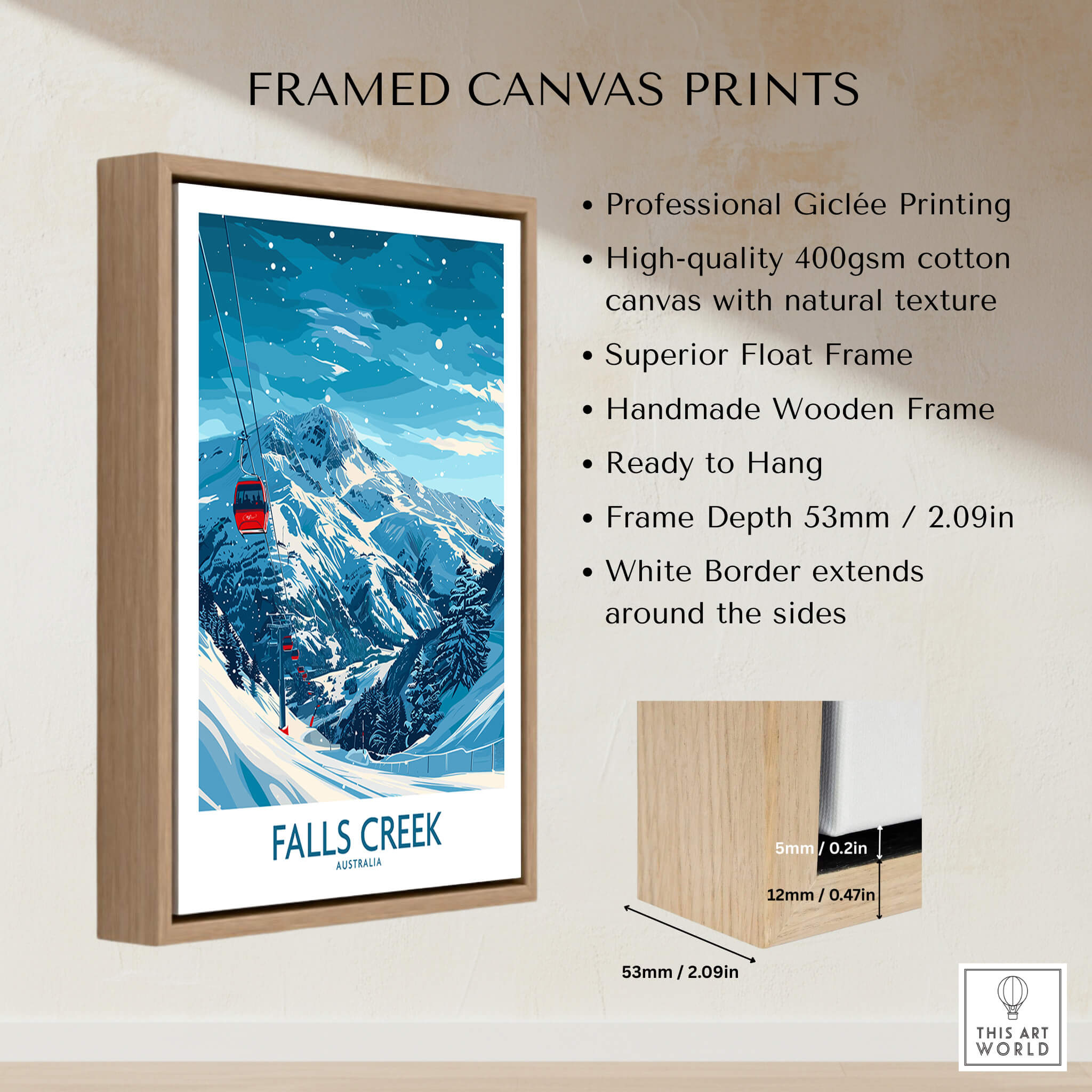 Falls Creek Ski Print - Australia framed canvas print showcasing snowy mountains and ski lift.