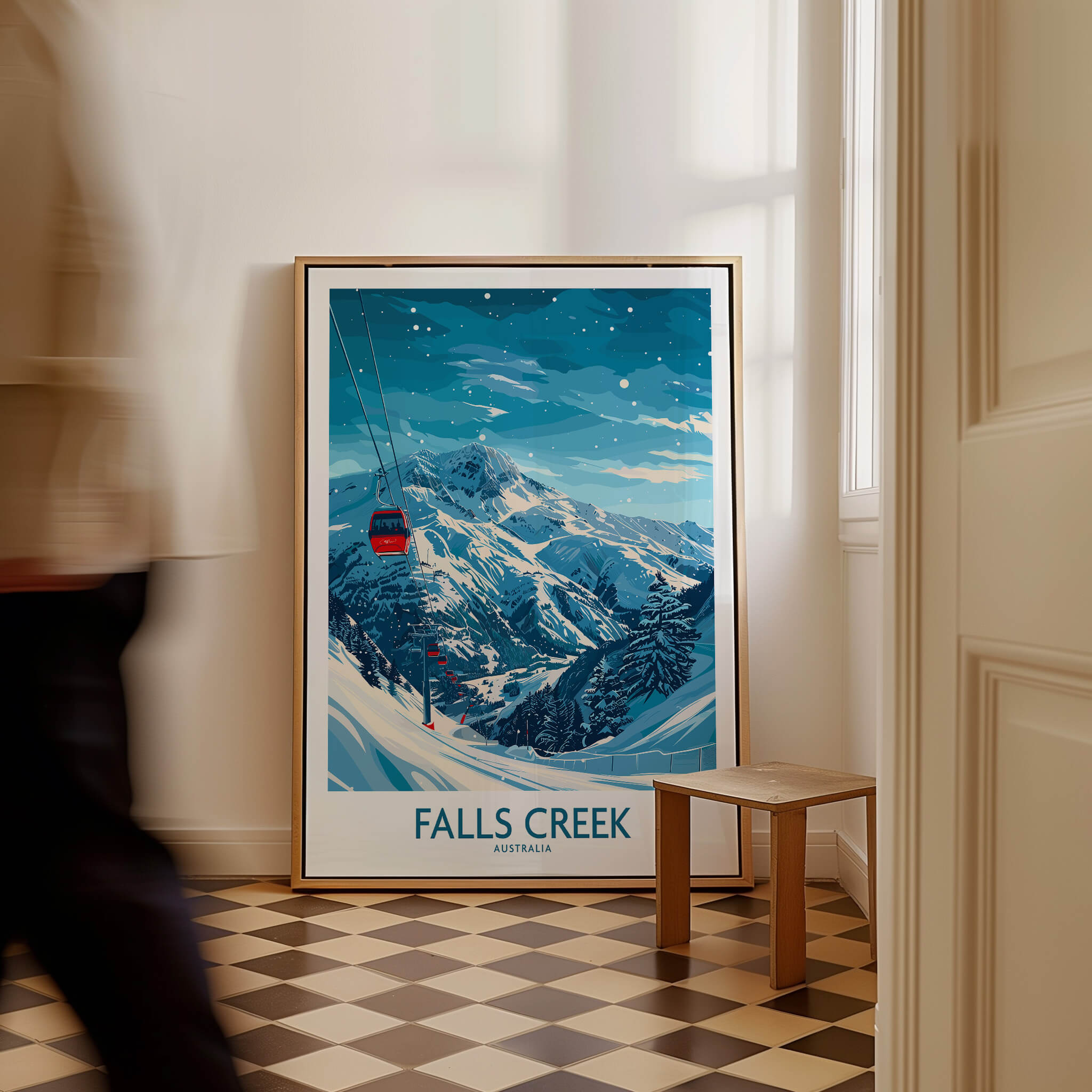 Falls Creek Ski Print - Australia showcased as wall art, capturing a snowy mountain scene and ski lift.
