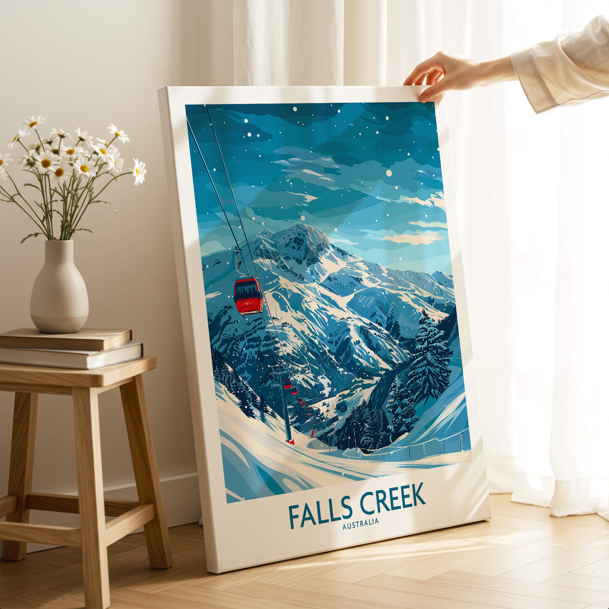 Falls Creek Ski Print - Australia showcased in a stylish setting, highlighting snowy slopes and modern wall decor.