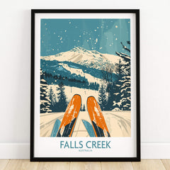 Falls Creek Ski Poster featuring a ski scene with mountains and snow-covered trees, perfect for ski enthusiasts.