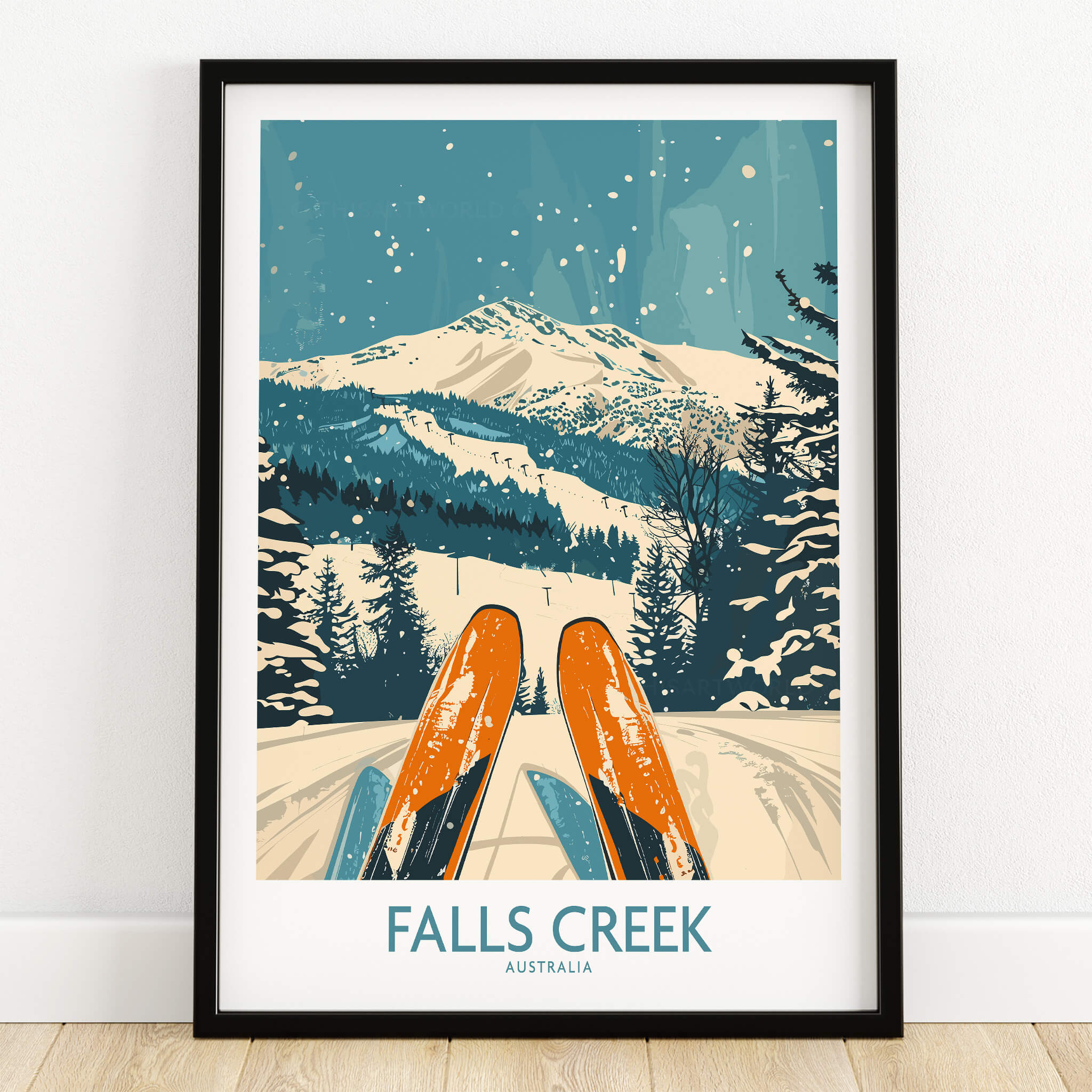 Falls Creek Ski Poster featuring a ski scene with mountains and snow-covered trees, perfect for ski enthusiasts.