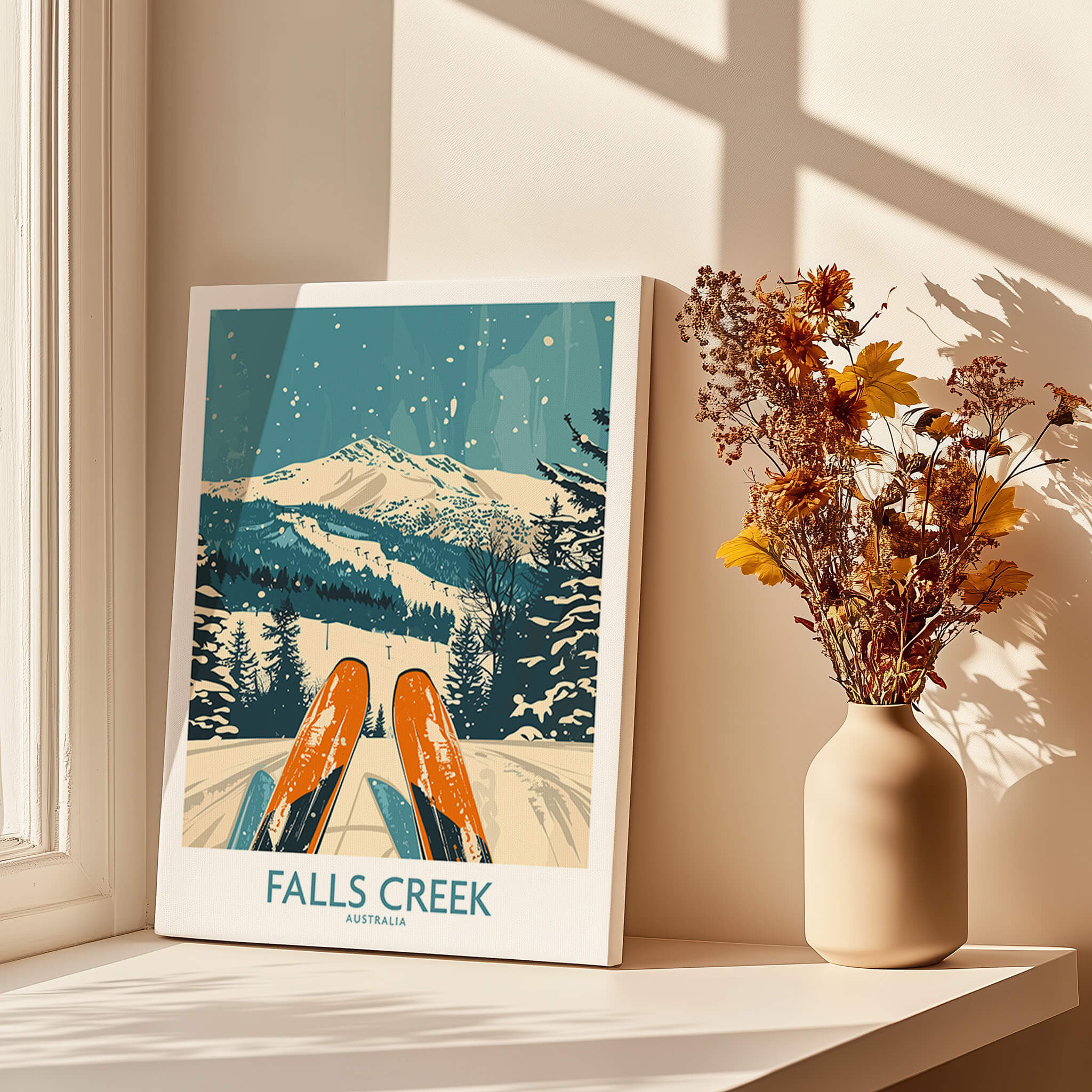 Falls Creek Ski Poster displayed on a windowsill with a vase of flowers.
