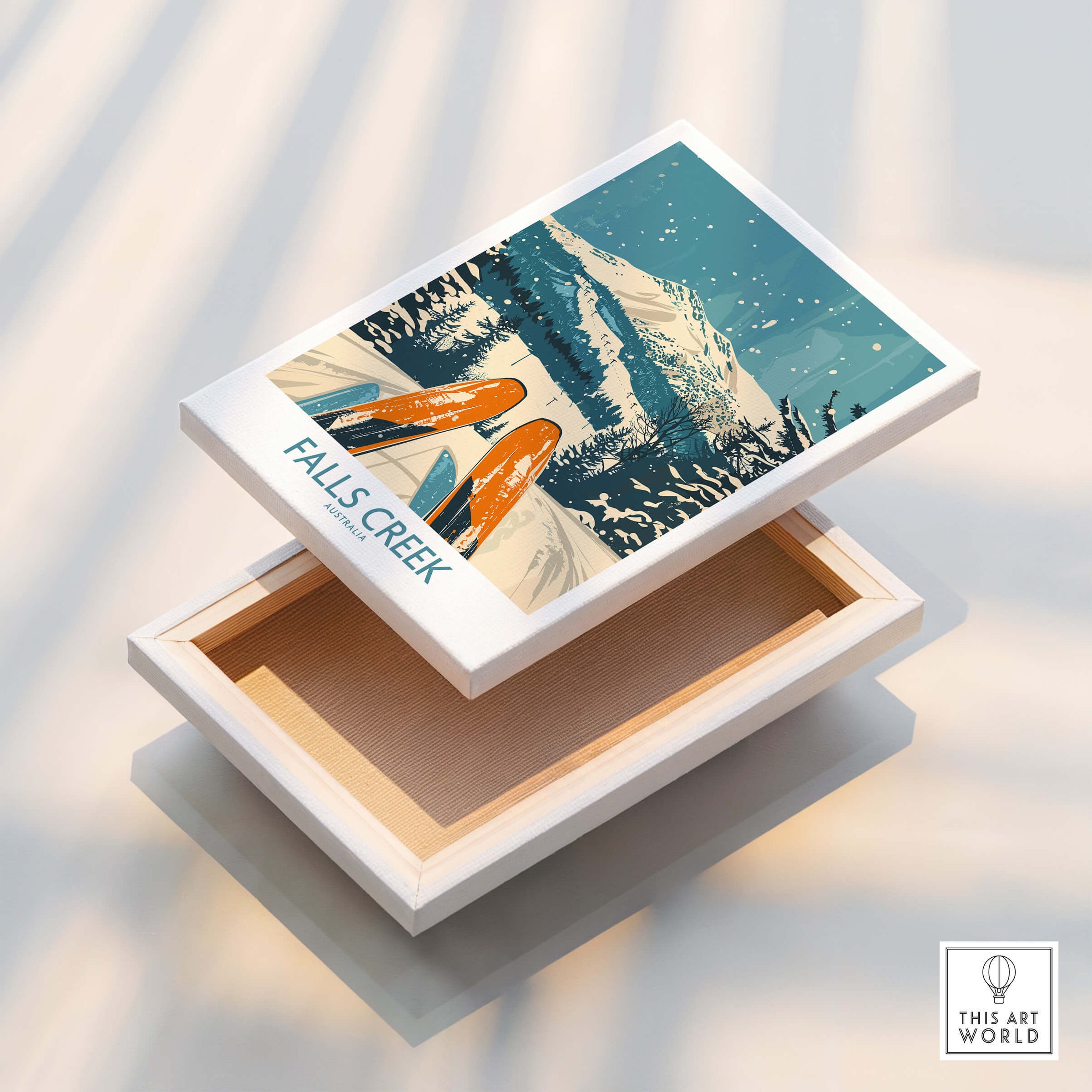 Falls Creek Ski Poster with skis on snow-covered slopes and mountain backdrop, perfect for ski enthusiasts.