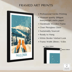 Framed Falls Creek Ski Poster featuring ski sticks and snowy mountains, perfect for home or office decor.