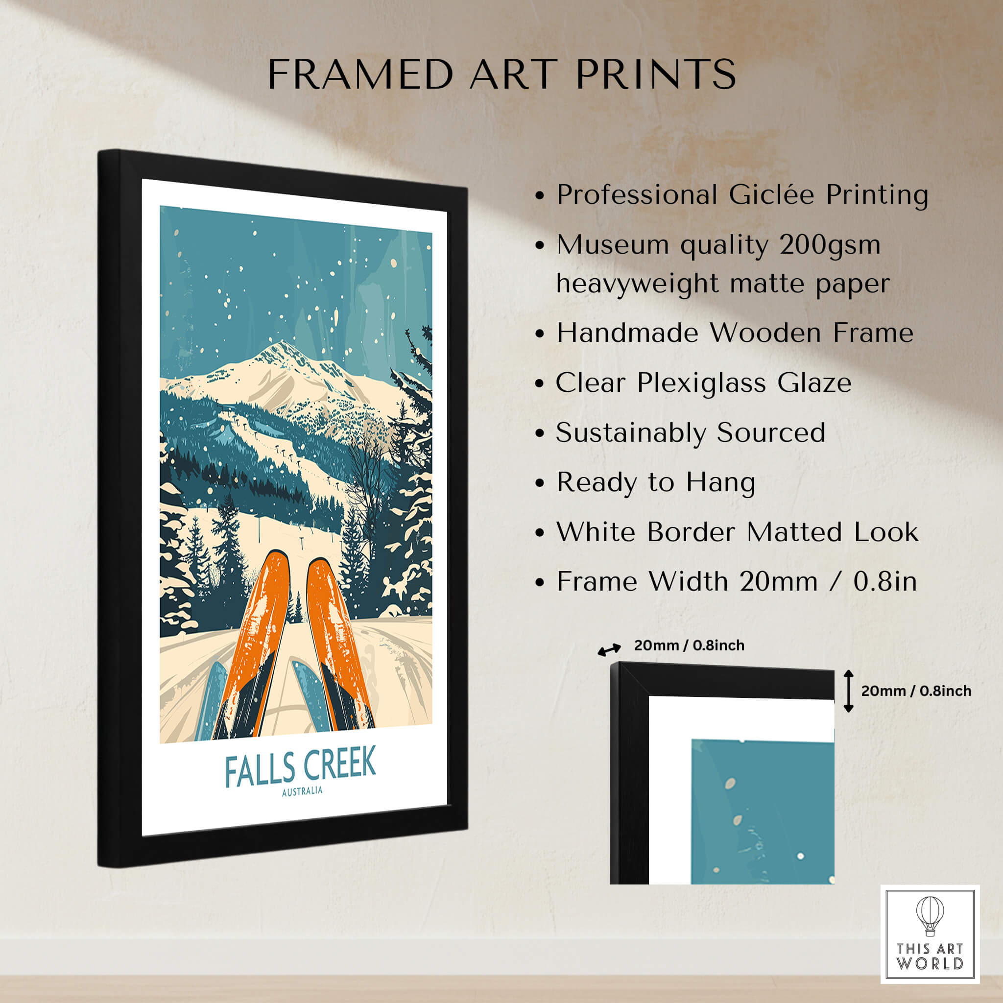 Framed Falls Creek Ski Poster featuring ski sticks and snowy mountains, perfect for home or office decor.