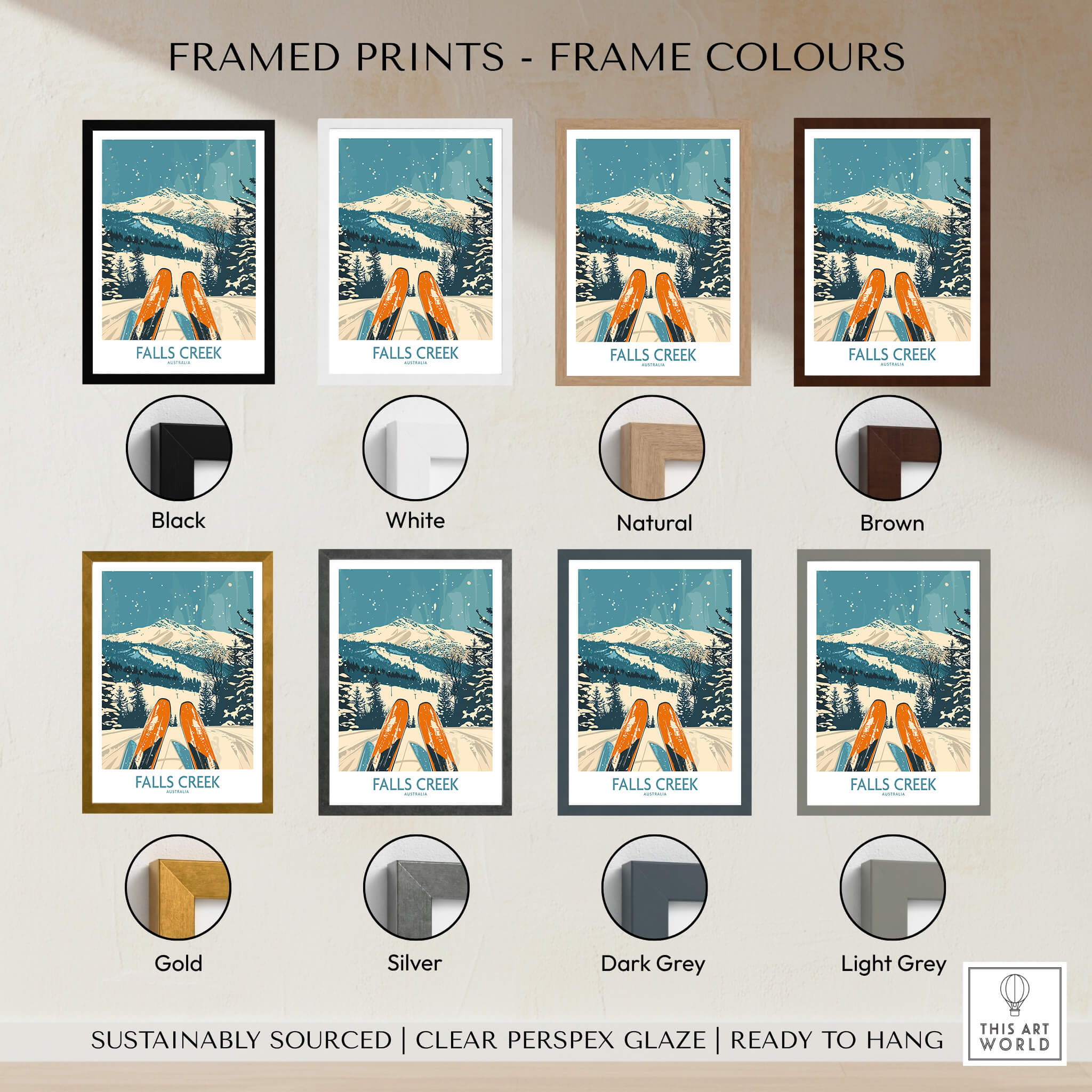 Various frame colors for Falls Creek Ski Poster, including black, white, natural, brown, gold, silver, dark grey, and light grey.