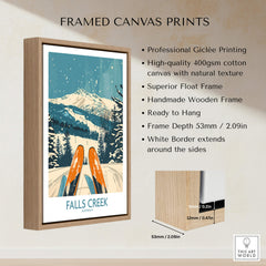 Falls Creek Ski Poster framed canvas print showcasing professional giclée printing with artistic skiing design.