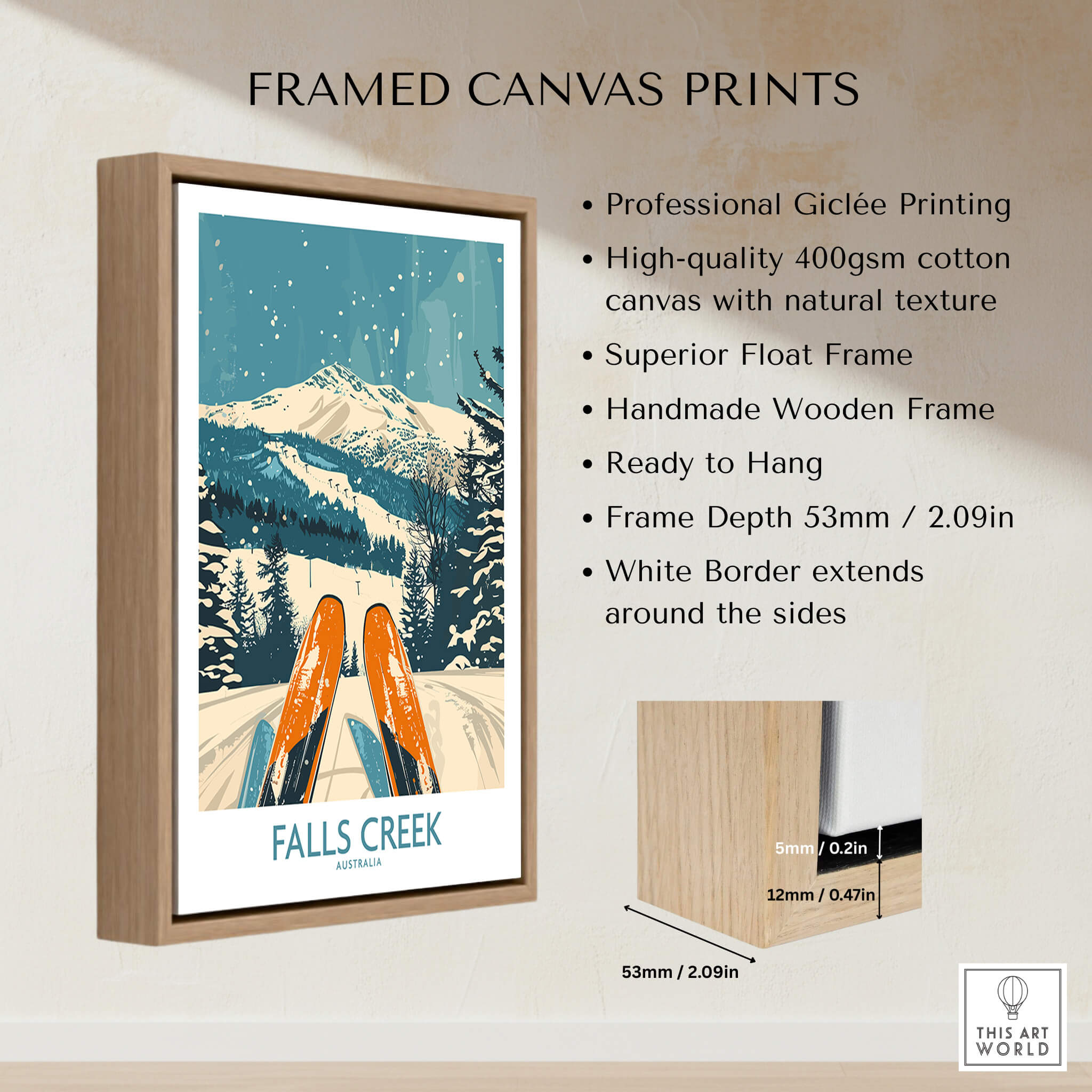 Falls Creek Ski Poster framed canvas print showcasing professional giclée printing with artistic skiing design.