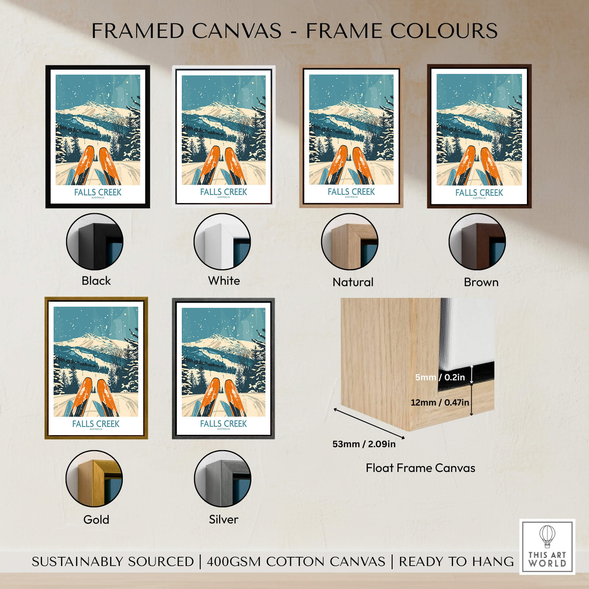 Various frame color options for the Falls Creek Ski Poster, showcasing Black, White, Natural, Brown, Gold, and Silver frames.
