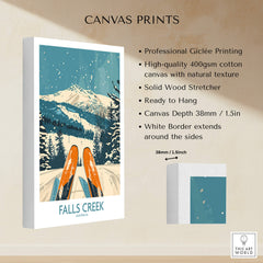 Falls Creek Ski Poster featuring beautiful mountain scenery and ski equipment, perfect for home or office decoration.