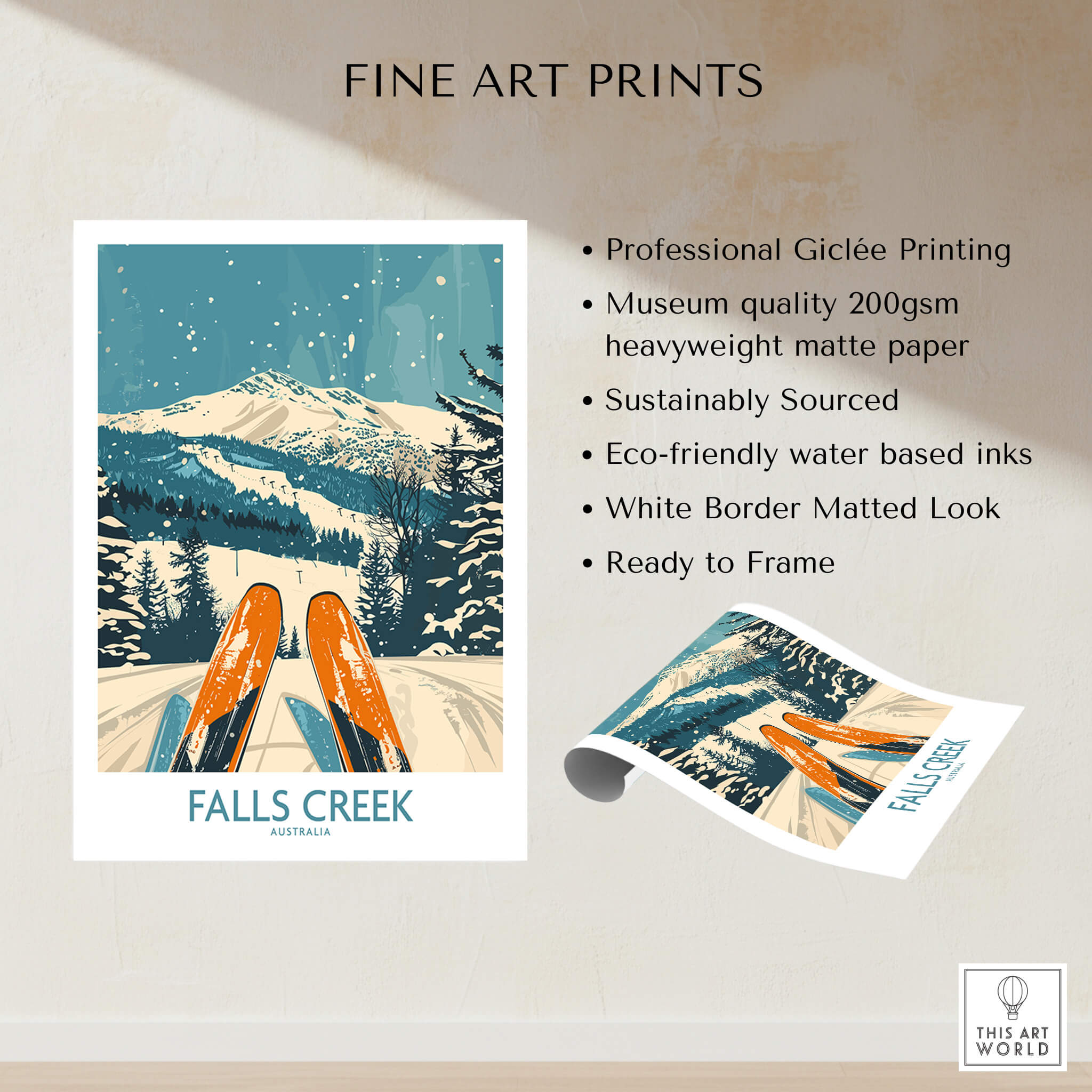 Falls Creek Ski Poster featuring skis in the snow with mountains in the background, perfect ski wall art.