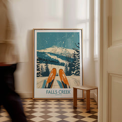 Falls Creek Ski Poster featuring a snowy mountain landscape and skis, perfect for ski enthusiasts' wall decor.