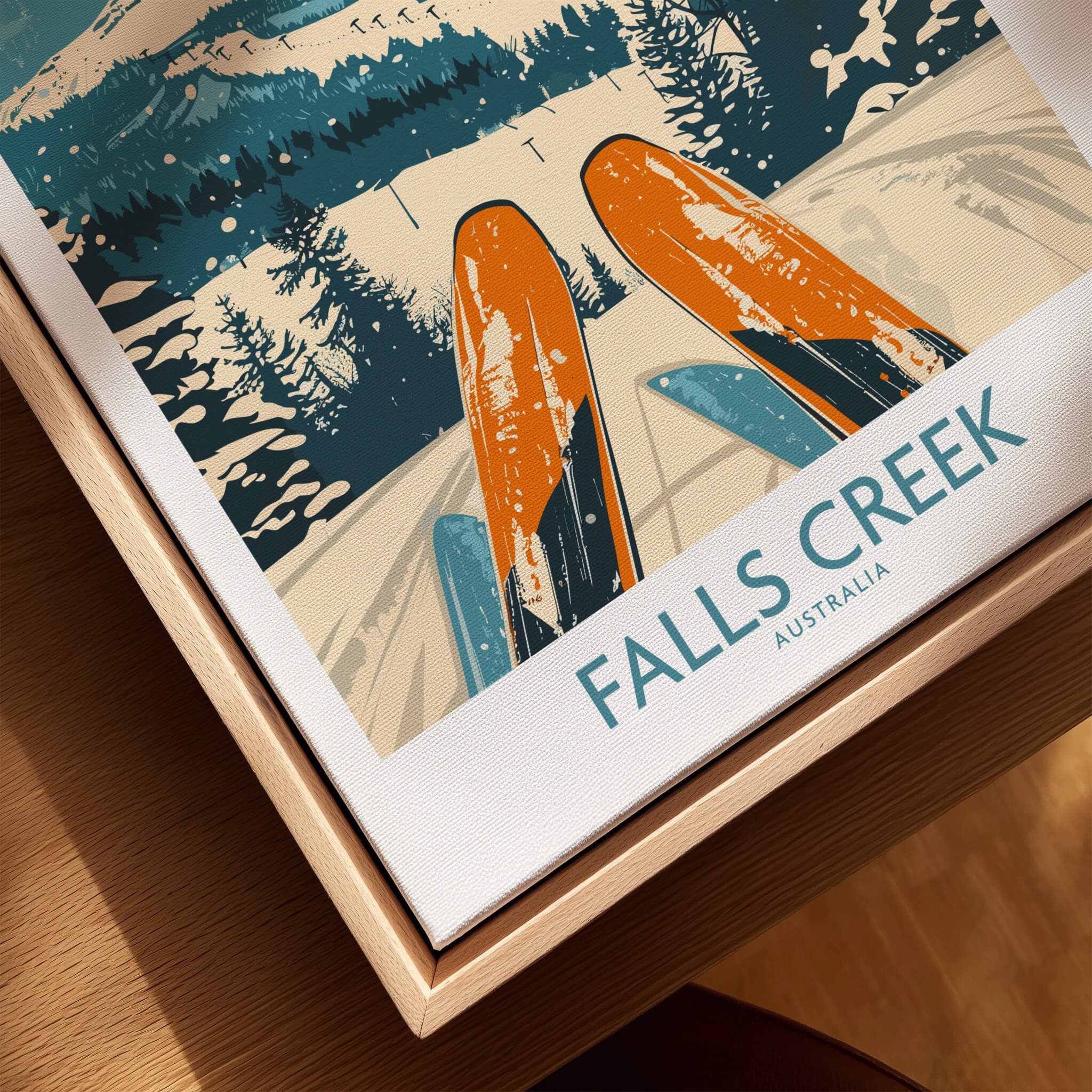 Falls Creek Ski Poster featuring vibrant skis and snowy mountain landscape, perfect for ski enthusiasts.