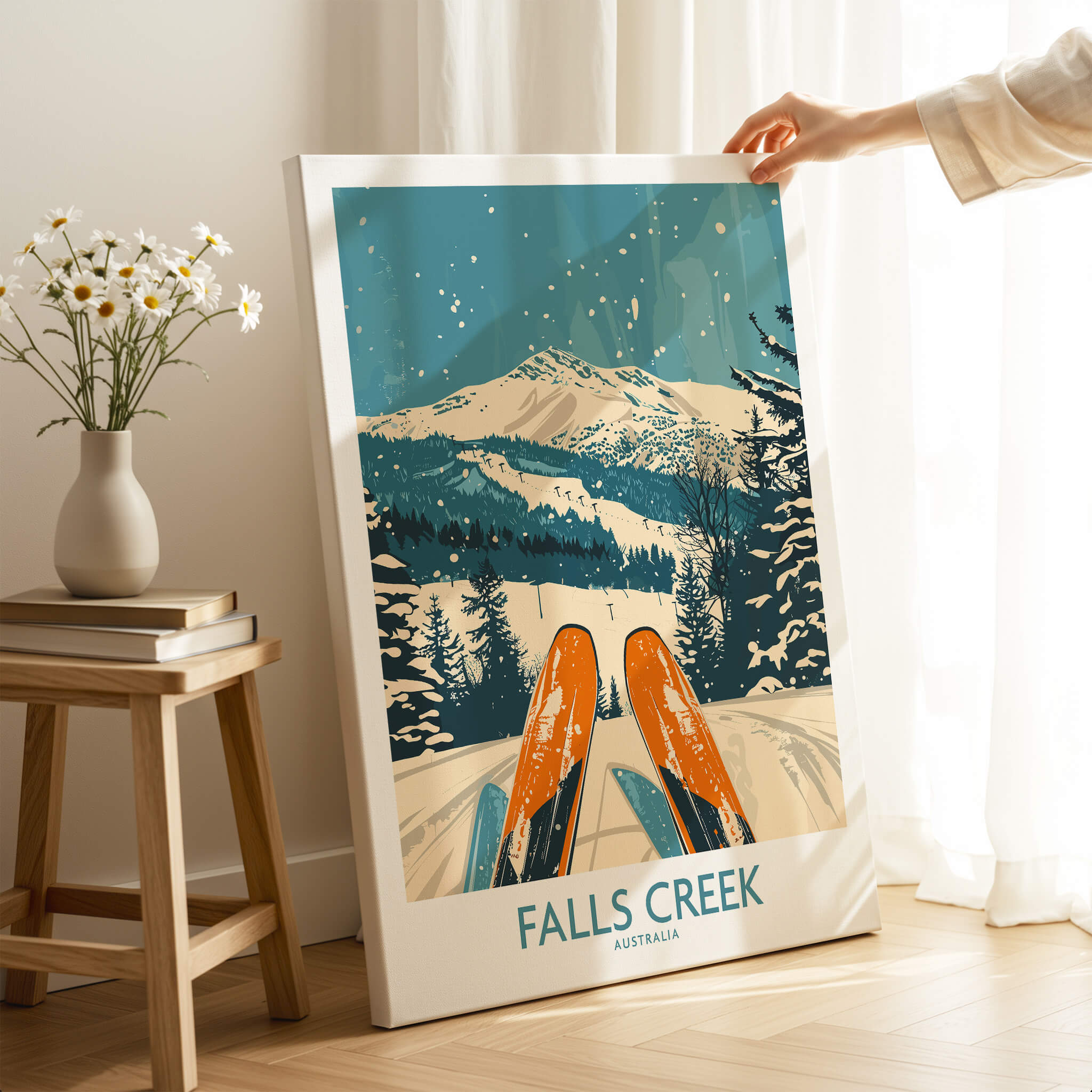 Falls Creek Ski Poster featuring stunning winter scenery and skis, perfect wall art for ski enthusiasts.