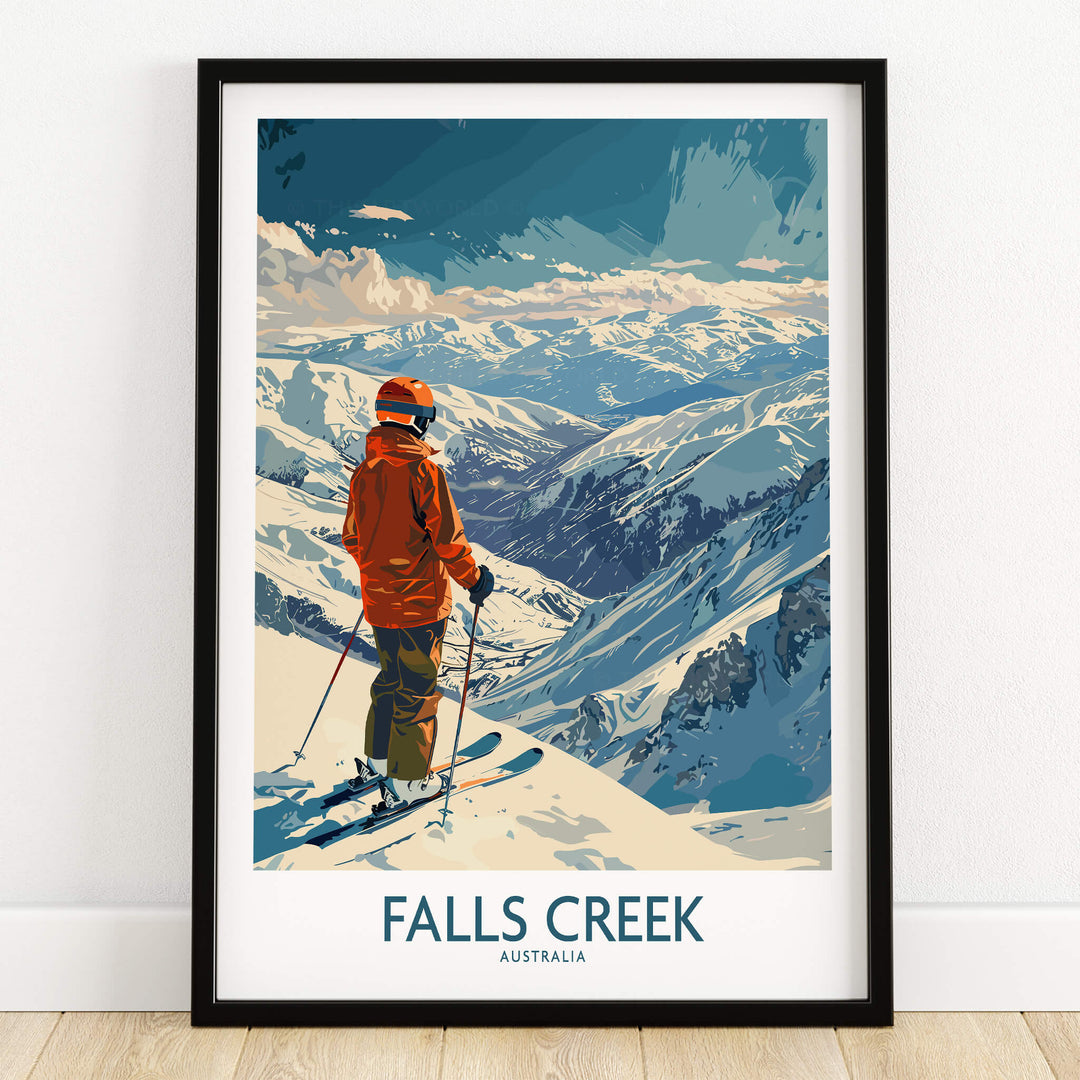 Falls Creek Poster Australia showcasing a skier overlooking the stunning mountains of Falls Creek in Australia.