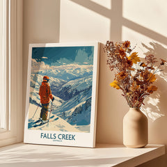 Falls Creek Poster Australia showcasing skiing in a stunning winter landscape with a skier in orange.