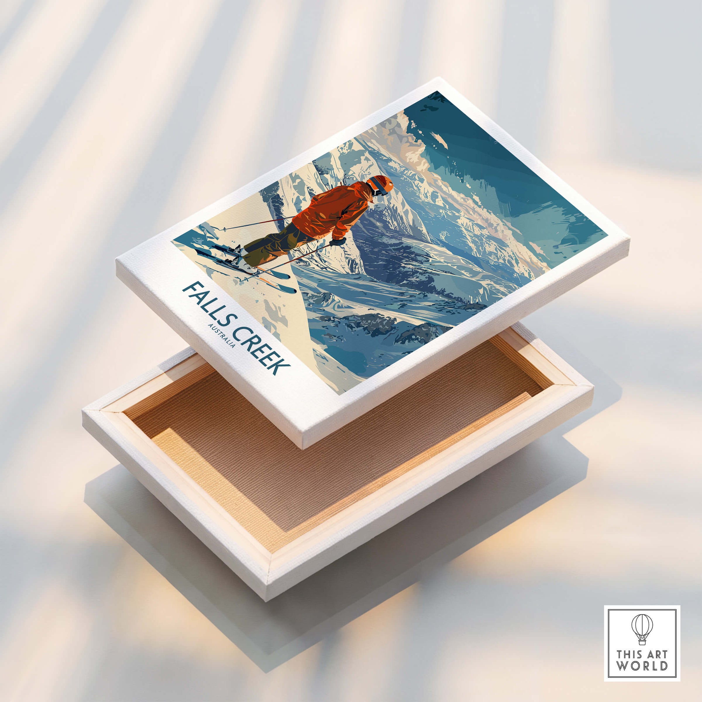 Falls Creek Poster Australia displayed on a wooden box, showcasing skiing scenery in Australia's winter landscape.