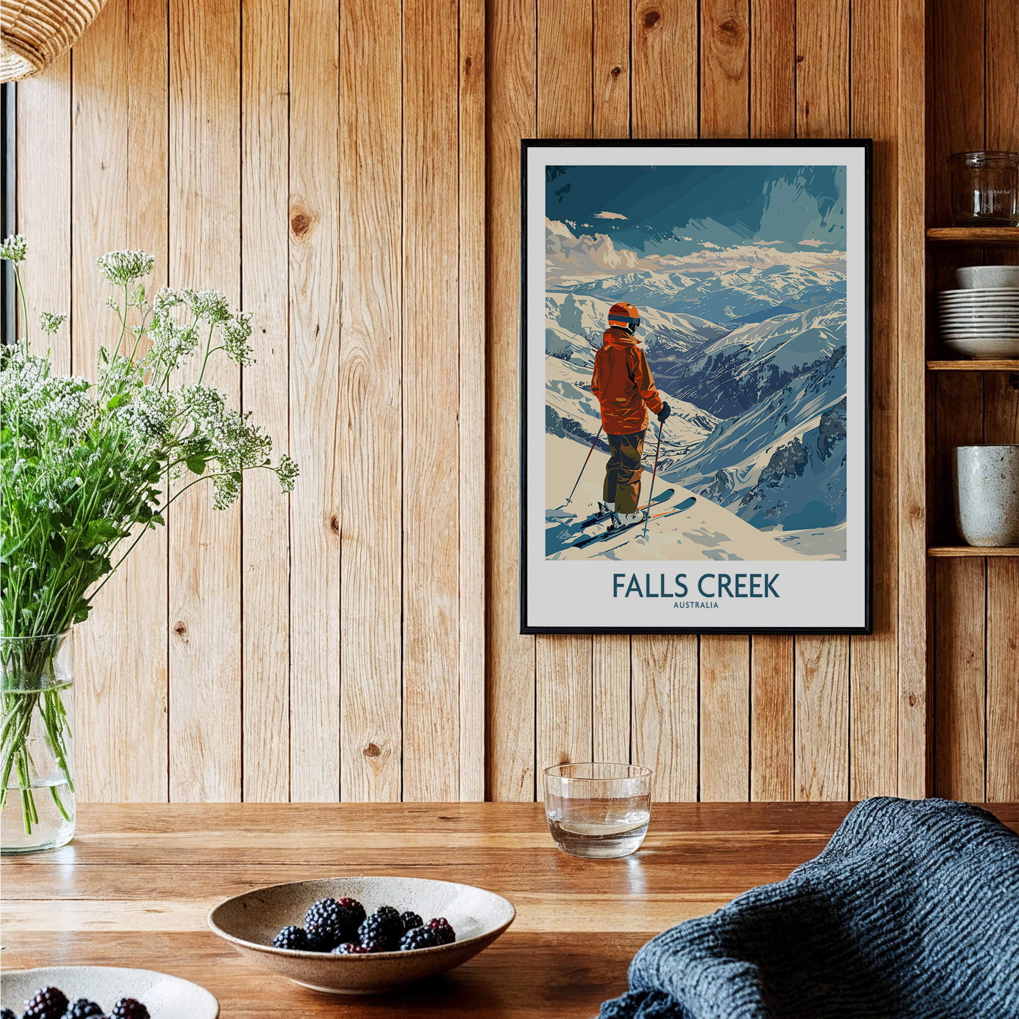 Falls Creek Poster Australia displayed on wooden wall, showcasing a skier against a stunning mountain backdrop.