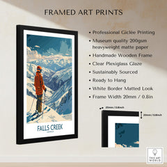 Falls Creek Poster Australia framed art print showcasing a skier on the slopes with stunning mountain visuals.