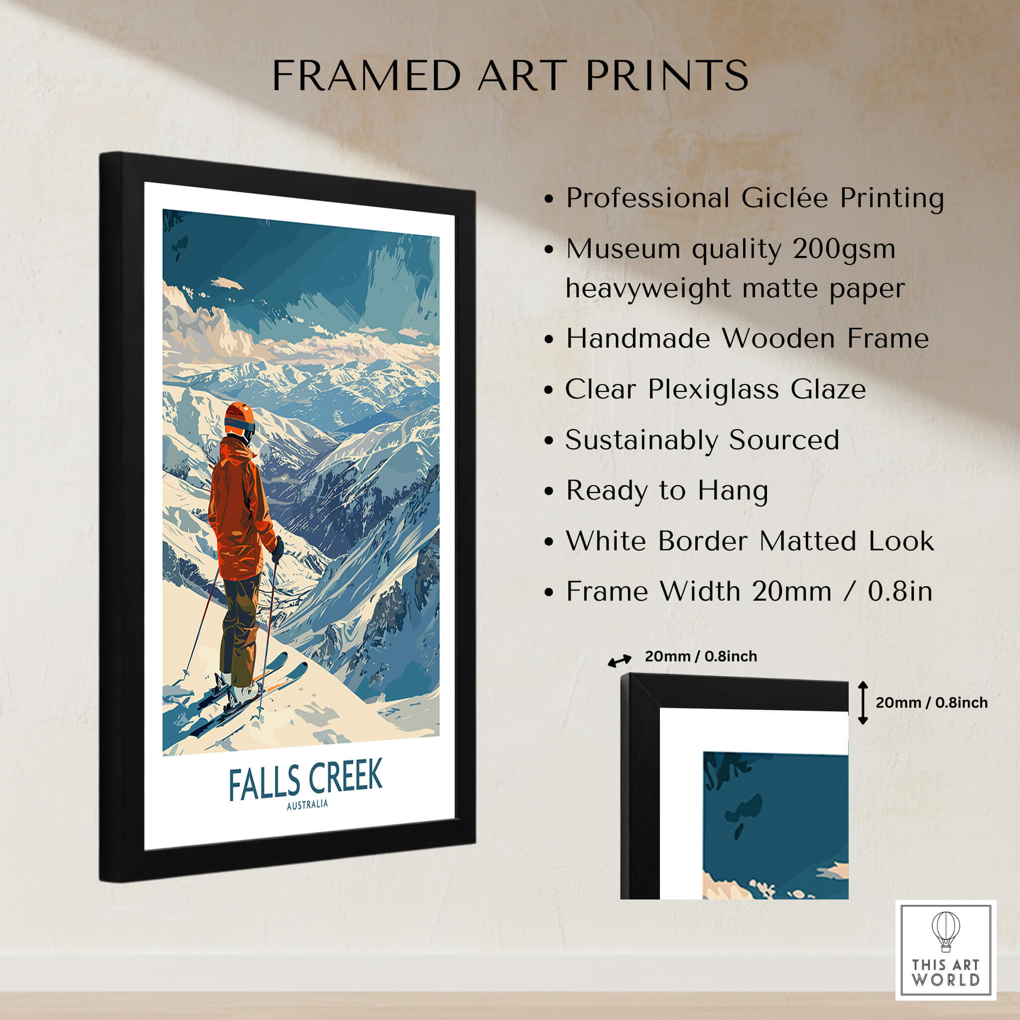 Falls Creek Poster Australia framed art print showcasing a skier on the slopes with stunning mountain visuals.
