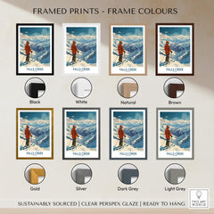 Framed prints showcase different frame colors for the Falls Creek Poster Australia, including Black, White, Brown, and more.