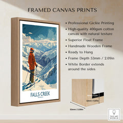 Falls Creek Poster Australia framed canvas print showcasing skiing in a winter landscape with a wooden frame.