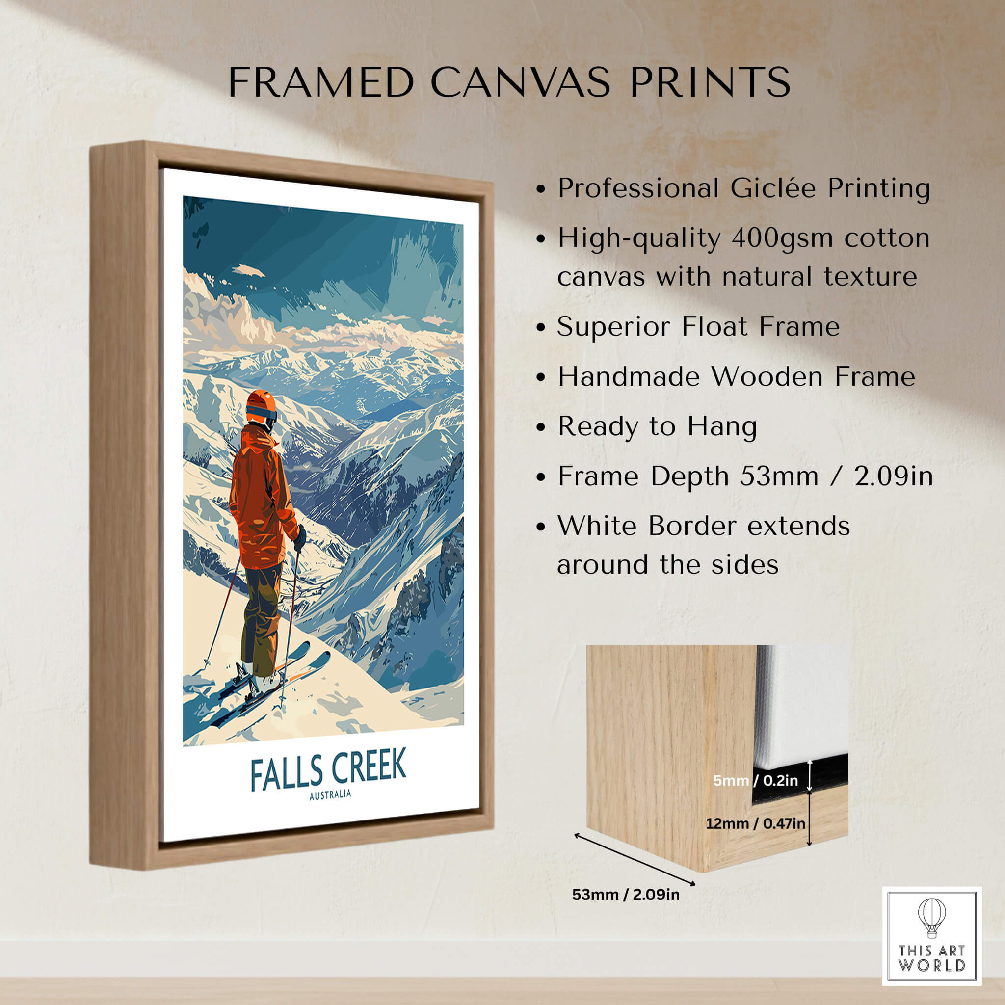 Falls Creek Poster Australia framed canvas print showcasing skiing in a winter landscape with a wooden frame.