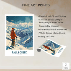 Falls Creek Poster Australia showcasing skier on mountain, professional Giclée print, museum quality, eco-friendly inks.