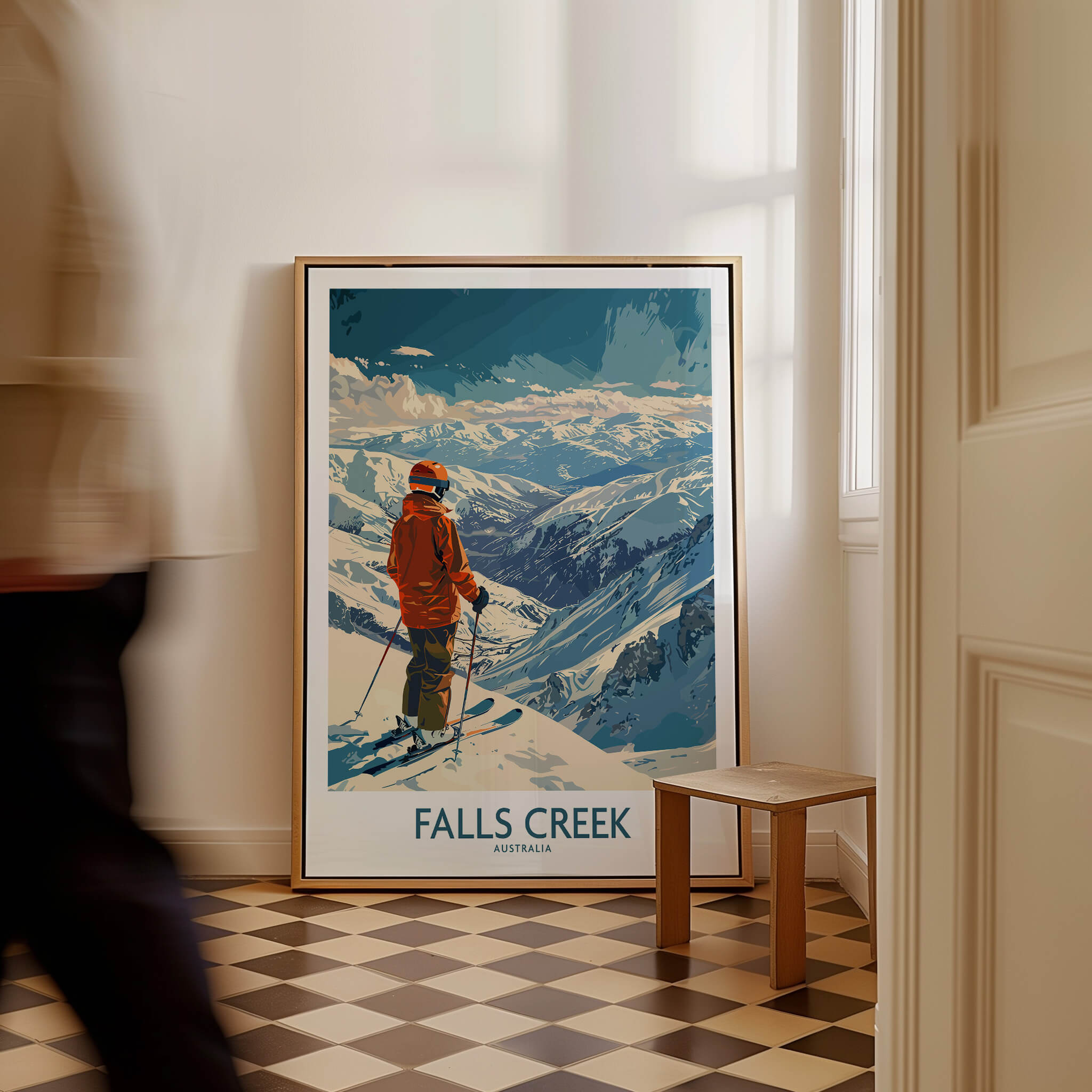 Falls Creek Poster Australia showcasing a skier in a stunning mountain landscape, perfect for winter sports enthusiasts.