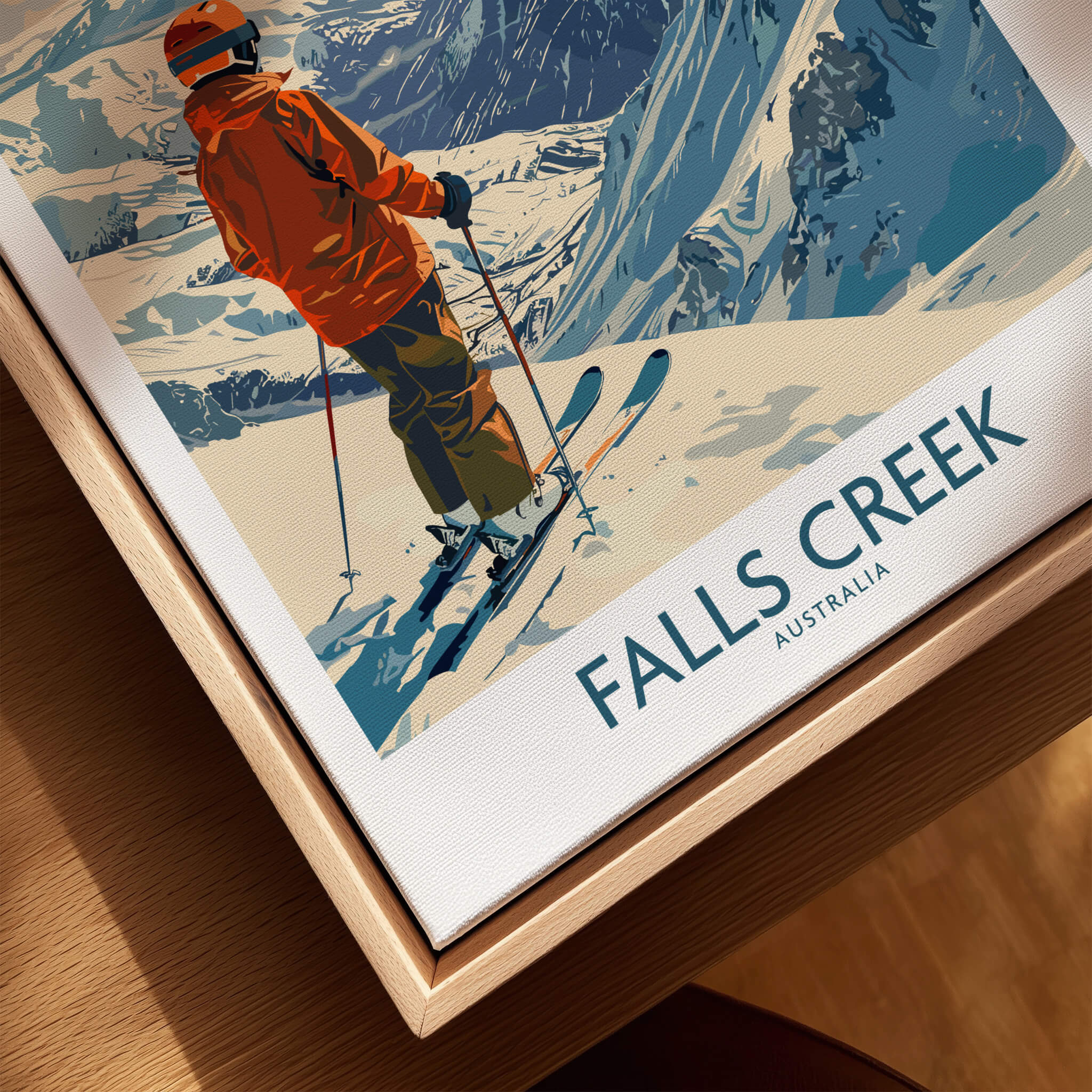 Falls Creek Poster Australia featuring a skier in an orange jacket on snowy mountains.