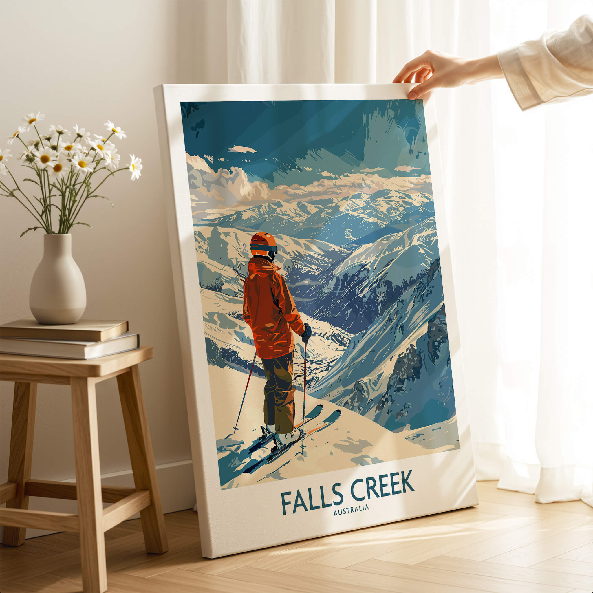 Falls Creek Poster Australia featuring a skier overlooking snowy mountains in a cozy room.