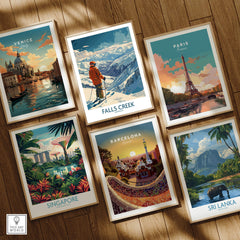 Falls Creek Poster Australia showcased among international travel posters, featuring skiing visuals and vibrant colors.