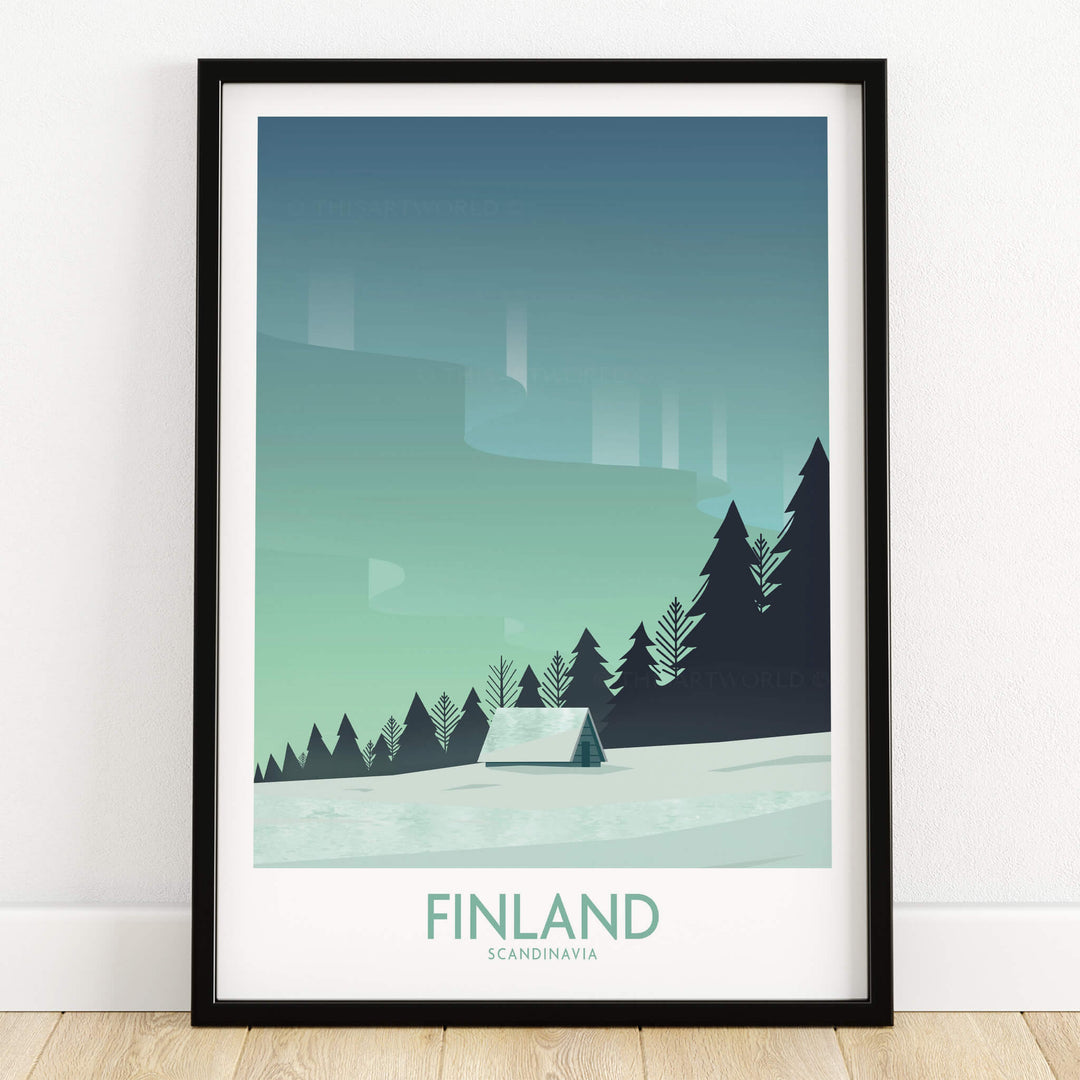 Finland Print Travel Poster showcasing a minimalist design of snowy landscapes and pine trees in Finland.
