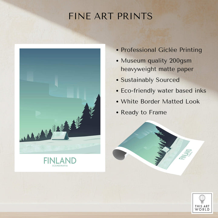 Finland Print Travel Poster showcasing minimalist design and northern landscape in vibrant colors.