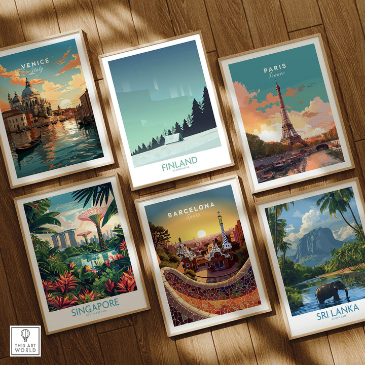 Finland Print Travel Poster among framed travel posters of Venice, Paris, Singapore, Barcelona, and Sri Lanka.